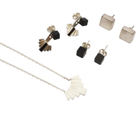 A Georg Jensen Aria silver and onyx pendant necklace and earring set, pendant stamped with Georg Jensen post-1945 mark, desig