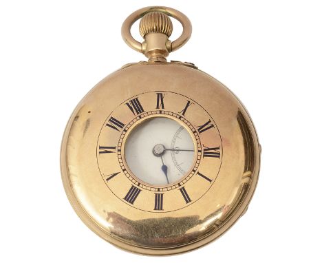 A Continental 14K gold half hunter pocket watchthe enamel dial with Roman numerals , subsidiary dial , chapter ring with Roma