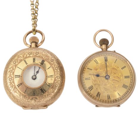 A Continental ladies half hunter pocket watch on a 9ct chain and another ladies fob watchthe first marked 14K to interior, wi