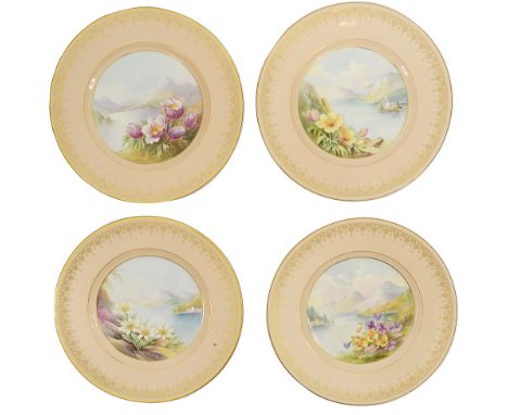 Eight Minton cabinet plates painted with views of the Swiss lakes and Alpine flowers by Arthur Holland c.1951'Swiss flowers '