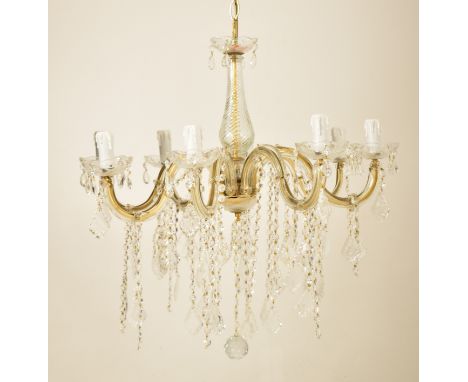 A 20th century Italian Venetian Murano glass chandelier / electrolier. The ceiling light having central twisted glass stem wi