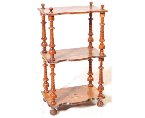 A 19th century Victorian walnut inlaid whatnot etagere. The etagere having three shelves each with inlaid boxwood campana sty