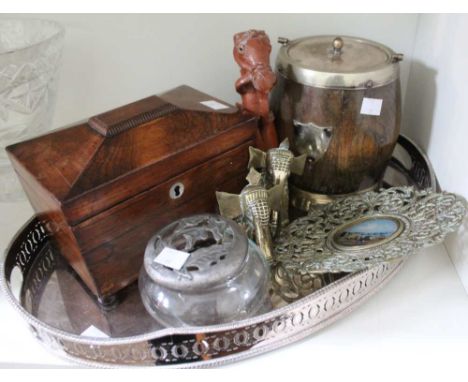 A silver plated tray, containing a mahogany tea caddy, pair of brass elephants, Art Nouveau lidded pot, etc