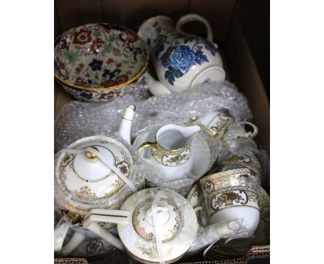 A Noritake part tea and coffee set, with the pots, together with a Masons Belvedere coffee pot and an Amherst bowl