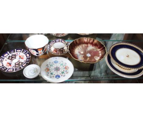 A shelf containing a small selection of Royal Crown Derby, Carlton-ware dish, an early Spode cake-stand, etc