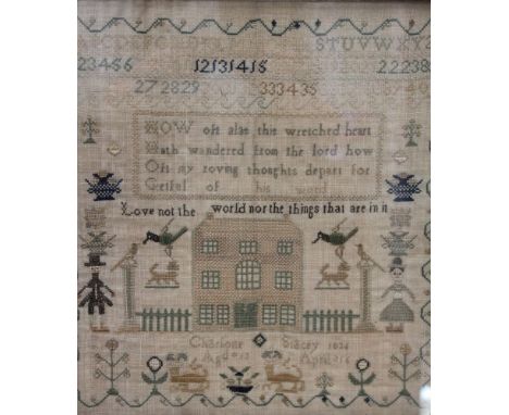 A needlework sampler by Charlotte Stacey, April 1836
Condition: some discolouration, residue around edge of glass, scratches 