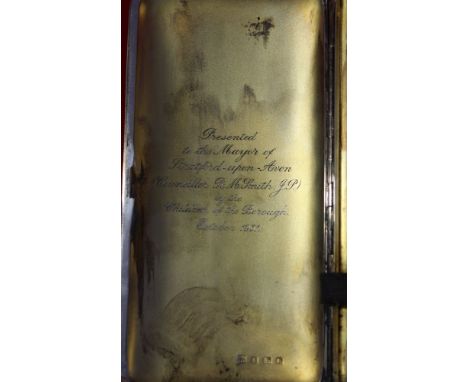 William Neale, a presentation silver cigar case, engraved with the crest for Stratford-upon-Avon on the front, inside engrave