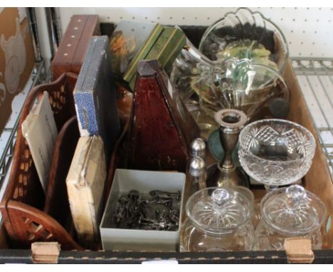 A quantity of miscellaneous wares, metronome, cast metal figures, plated candlesticks, glass, ceramics, etc