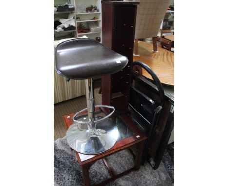 A glazed coffee table, a fold out card table, set of small step ladders &amp; a bar stool