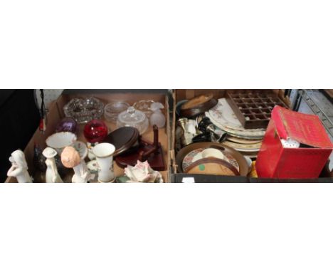 Two boxes containing a selection of glassware, porcelain figures, thimble holder, collectors plates, etc