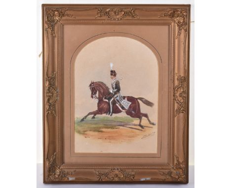 R Simkin Royal Horse Artillery Officer Watercolour, fine example showing the officer in full uniform at the gallop. Signed to