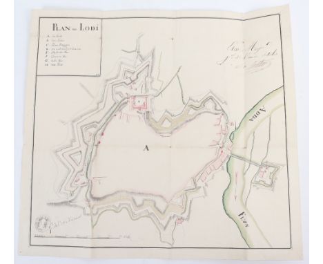 Signed Napoleonic Map, important original Plan of Lodi showing the defences in watercolour 17" x 16" to support Napoleon's co