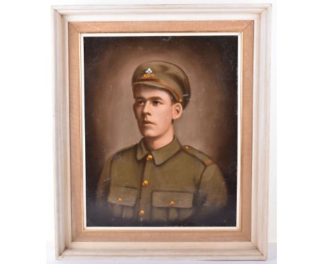 Oil on Board Portrait Painting of a WW1 Private Soldier of the Welsh Regiment, naive style example of a head and torso of a y