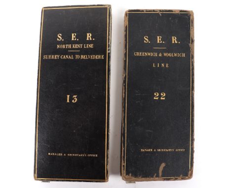 Railway Historic Maps, two extensive folding S.E.R. (South East Region) maps in leather  covers, one covering the line Greenw