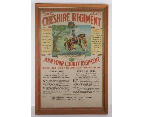 Cheshire Regiment Recruitment Poster, printed by W H Evans Sons &amp; Co, Chester. Illustrated with regimental motifs, centra