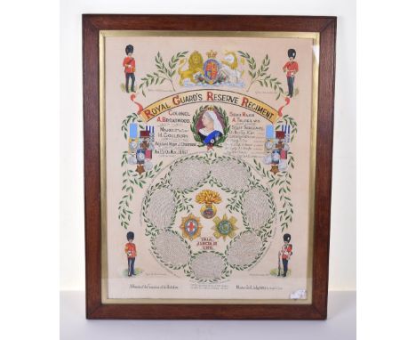Framed Hand Coloured Print Royal Guards Reserve Regiment Muster Roll July 1900, finely detailed hand coloured example of the 