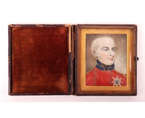 19th Century Miniature Portrait of a Military Officer, housed in a glazed leather carry case. Officer wearing scarlet coatee 