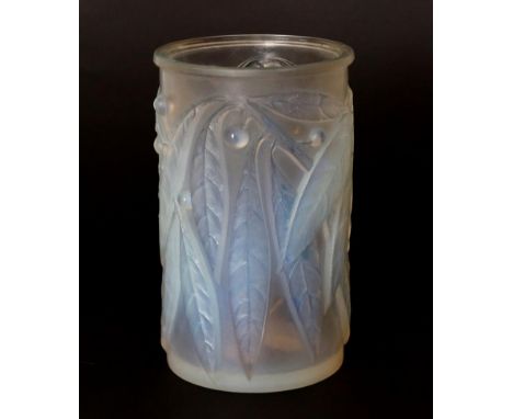 René Lalique (French, 1860-1945): An Opalescent, Frosted and Blue Stained Laurier Glass Vase, moulded with leaves and berries