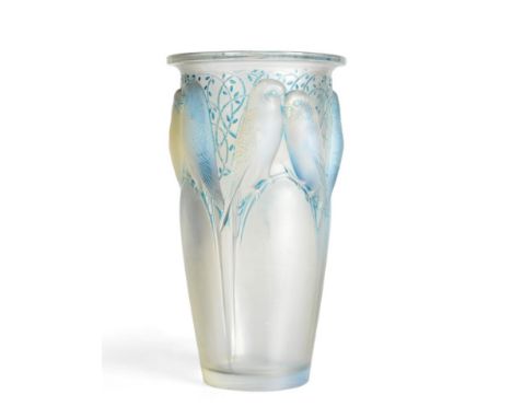 René Lalique (French, 1860-1945): An Opalescent, Stained and Frosted Ceylan No.905 Glass Vase, of tapering cylindrical form, 