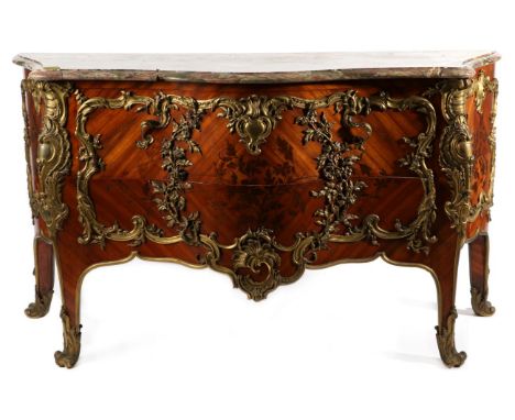 A Louis XV Style Tulipwood, Purpleheart and Gilt Metal Mounted Commode, in the manner of Pierre Roussel, late 19th century, w