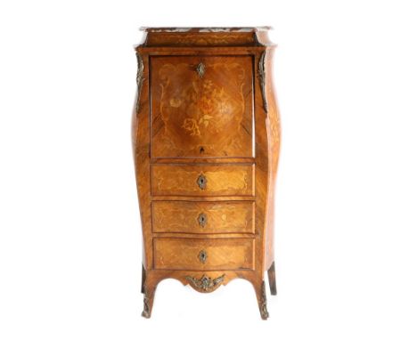 A French Louis XV Style Rosewood and Floral Marquetry Secretaire à Abattant, late 19th century, with rouge and grey marble to