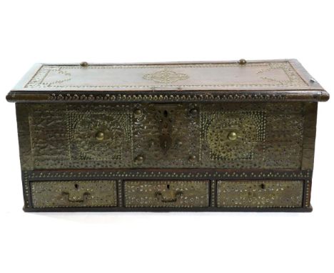 A Teak and Brass Mounted Zanzibar or Kuwaiti Hinged Travelling Chest, late 18th/early 19th century, with decorative brasswork