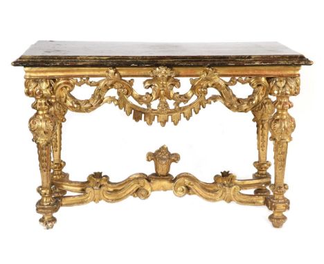 A Régence Style Gilt and Gesso Console Table, the painted faux marble top above an acanthus scrolled frieze centred by flower