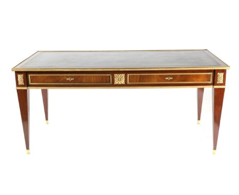 A Louis XVI Style Mahogany and Ormolu Mounted Bureau Plat, late 19th/early 20th century, the black leather writing surface wi