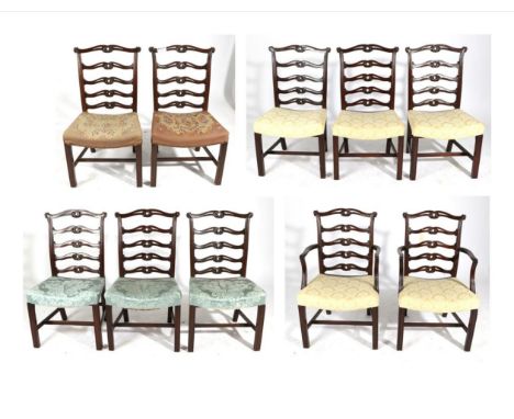 A Set of Ten George III Style Mahogany Ladder-Back Dining Chairs, late 19th/early 20th century, comprising three singles reco