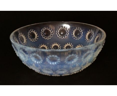 René Lalique (French, 1860-1945): An Opalescent and Clear Asters Glass Bowl, the underside moulded with bands of graduating f