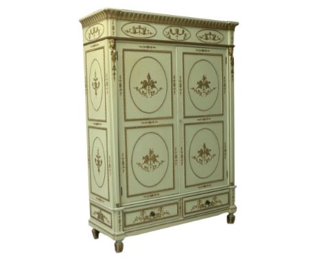 A Regency Style Green Painted and Parcel Gilt Wardrobe, late 19th century, the acanthus decorated breakfront cornice above be
