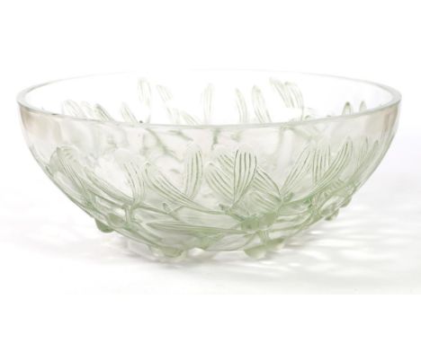 René Lalique (French, 1860-1945): A Frosted and Green Stained Mistletoes Gui Glass Bowl, moulded mark R LALIQUE engraved Fran