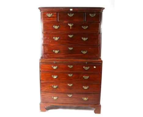 A George III Mahogany Chest on Chest, late 18th century, the moulded cornice above three short and three long drawers all bet