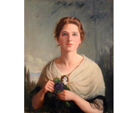 Frederick (Fred) William Elwell RA (1870-1958) Portrait of a young lady, half length, wearing a white shawl edged with a blac