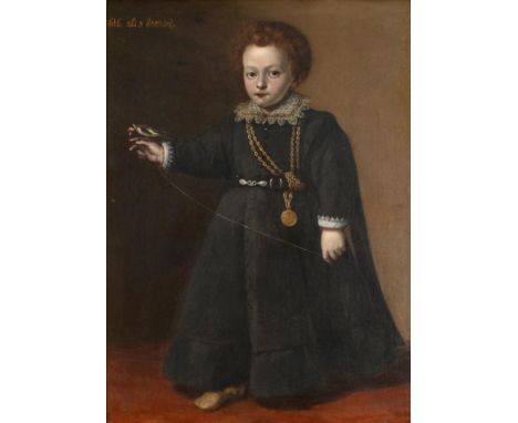 Follower of Marcus Gheeraerts the Younger (1561/62-1636) Portrait of a young child, standing full length, wearing a black dre