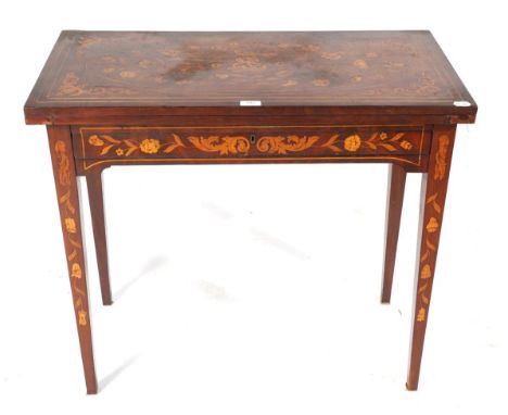 A Dutch Mahogany and Marquetry Inlaid Foldover Card Table, late 18th century, with hinged leaf enclosing a green baize lined 