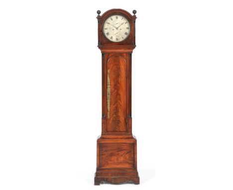 A Regency Mahogany Eight Day Longcase Clock, signed Barwise, London, arched pediment with wooden ball finials, fluted canted 