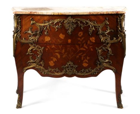 A Louis XV Style Rosewood and Gilt Metal Mounted Commode, late 19th century, with Brocatelle Jaune du Jura marble top above t