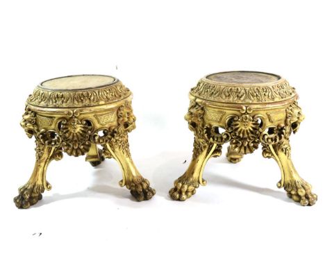 A Pair of Victorian Carved Giltwood Jardinière Stands, 3rd quarter 19th century, in George II style, the circular border carv
