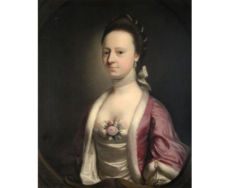 Henry Pickering (fl.1740-1771) Portrait of a Lady, half length, wearing a white satin dress with a purple satin fur trimmed j