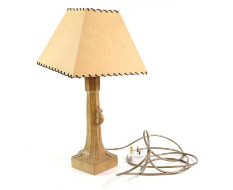 Mouseman: A Robert Thompson English Oak Table Lamp, octagonal column on a square base, with carved mouse signature, 26.5cm wi