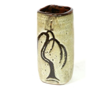 David Andrew Leach OBE (1911-2005): A Stoneware Willow Pattern Vase, cylindrical square section, resist decorated with a tenm