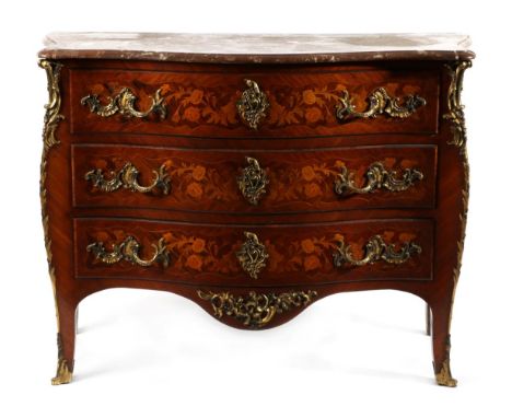 A Louis XV Style Rosewood, Kingwood, Floral Marquetry and Inlaid Commode, late 19th century, with a red Griotte marble top ab