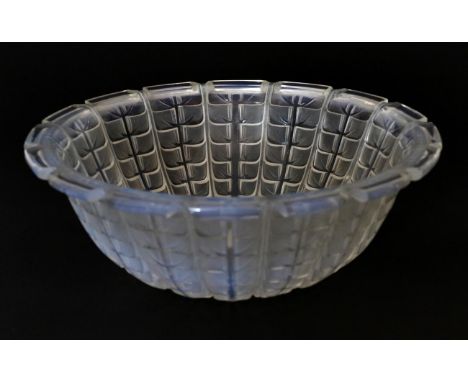 René Lalique (French, 1860-1945): An Opalescent and Frosted Acacia Glass Bowl, the underside moulded with repeating leaves, m