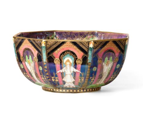 A Wedgwood Fairyland Lustre Geisha or Angels and Running Figures Octagonal Bowl, designed by Daisy Makeig-Jones, printed and 