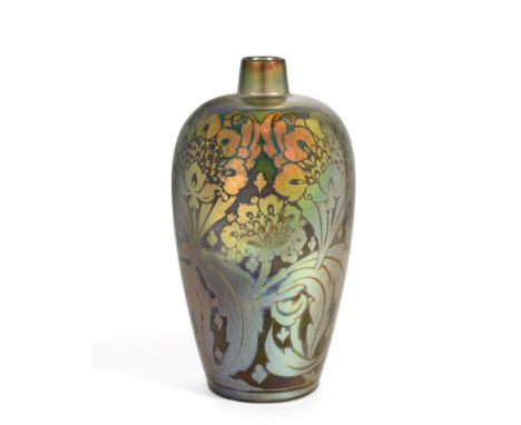 A Pilkington's Royal Lancastrian Lustre Vase, by Charles Cundall, dated 1910, with flowers and foliage, in red, copper and me