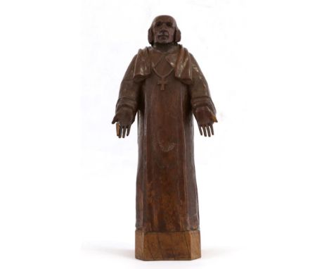 Mouseman: A 1930s Robert Thompson Carved English Oak Statue of a Bishop, with palms turned outward, with recessed carved mous