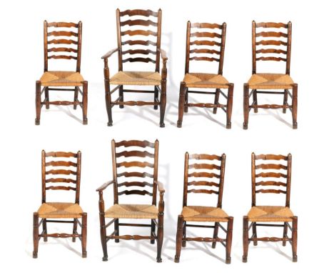 A Matched Set of Eight George III Ash and Elm Rush-Seated Ladder-Back Chairs, early 19th century, including two carvers, sing