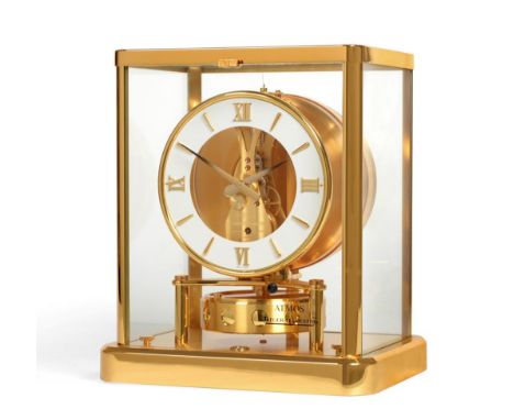 A Brass Atmos Clock, signed Jaeger LeCoultre, 2nd half 20th century, case with glazed panels, 4-1/2-inch dial, large balance 