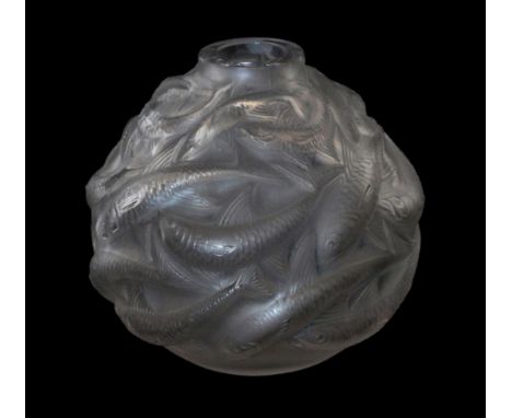 René Lalique (French, 1860-1945): A Frosted and Stained Oleron No.1008 Glass Vase, moulded with fish, engraved R Lalique Fran